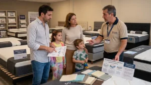 Familia comprando su nuevo sommier para reemplazar su antiguo colchón